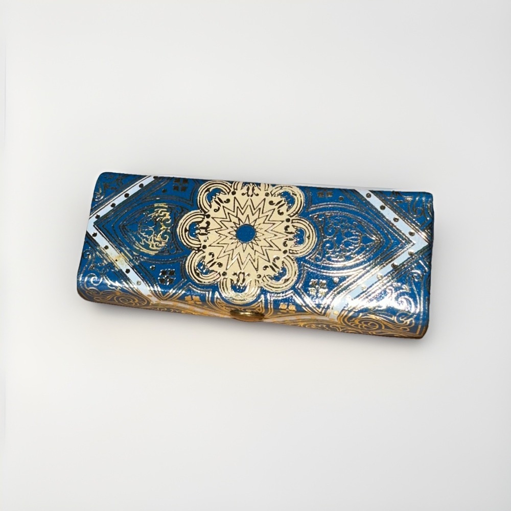 Vintage Fiocchi Italy Leather Lipstick Case Holder‎ Mirror Gold And Blue